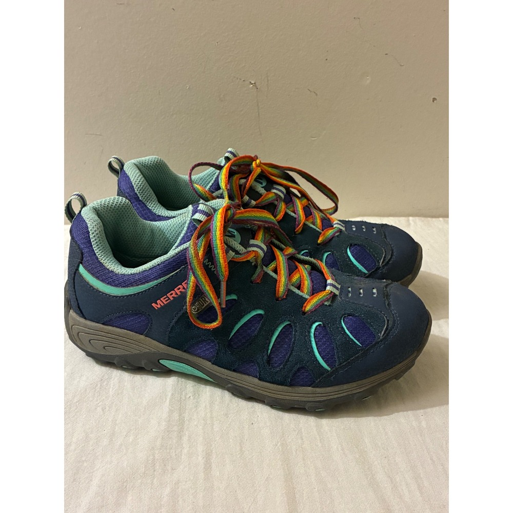 Merrell Kids Size 3 Chameleon Waterproof Hiking Shoes Navy Purple Rainbow Laces